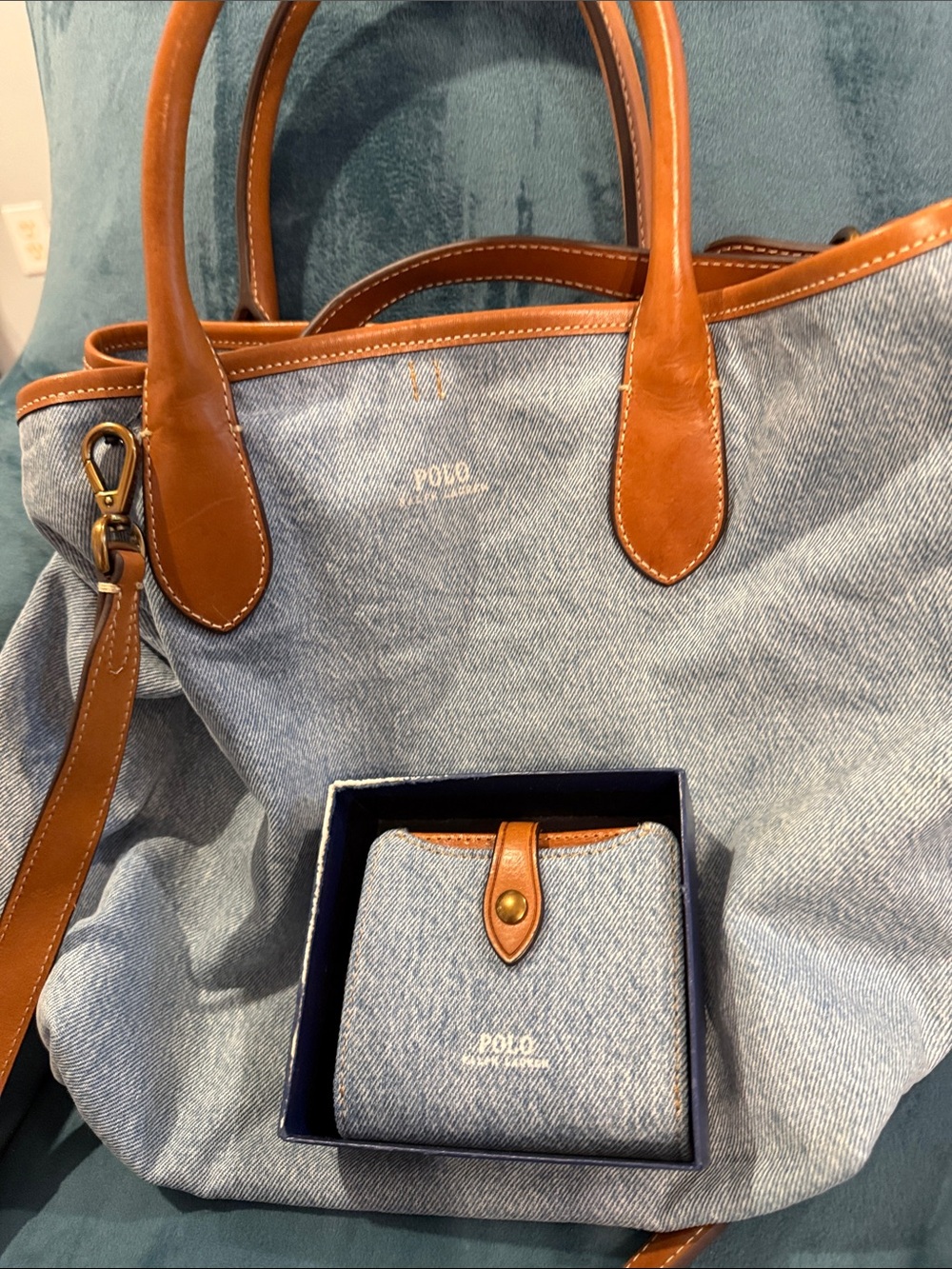 Polo by Ralph Lauren Light Blue Denim Tote with Brown Leather Trim w/wallet